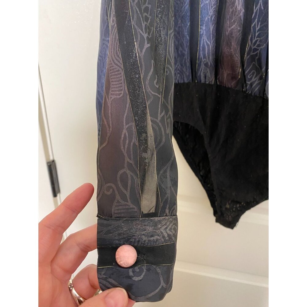 Vintage 80s Sheer Lace Bodysuit • Donna Degnan • Black & Purple Wrap V-Neck‎ - Picture 5 of 8